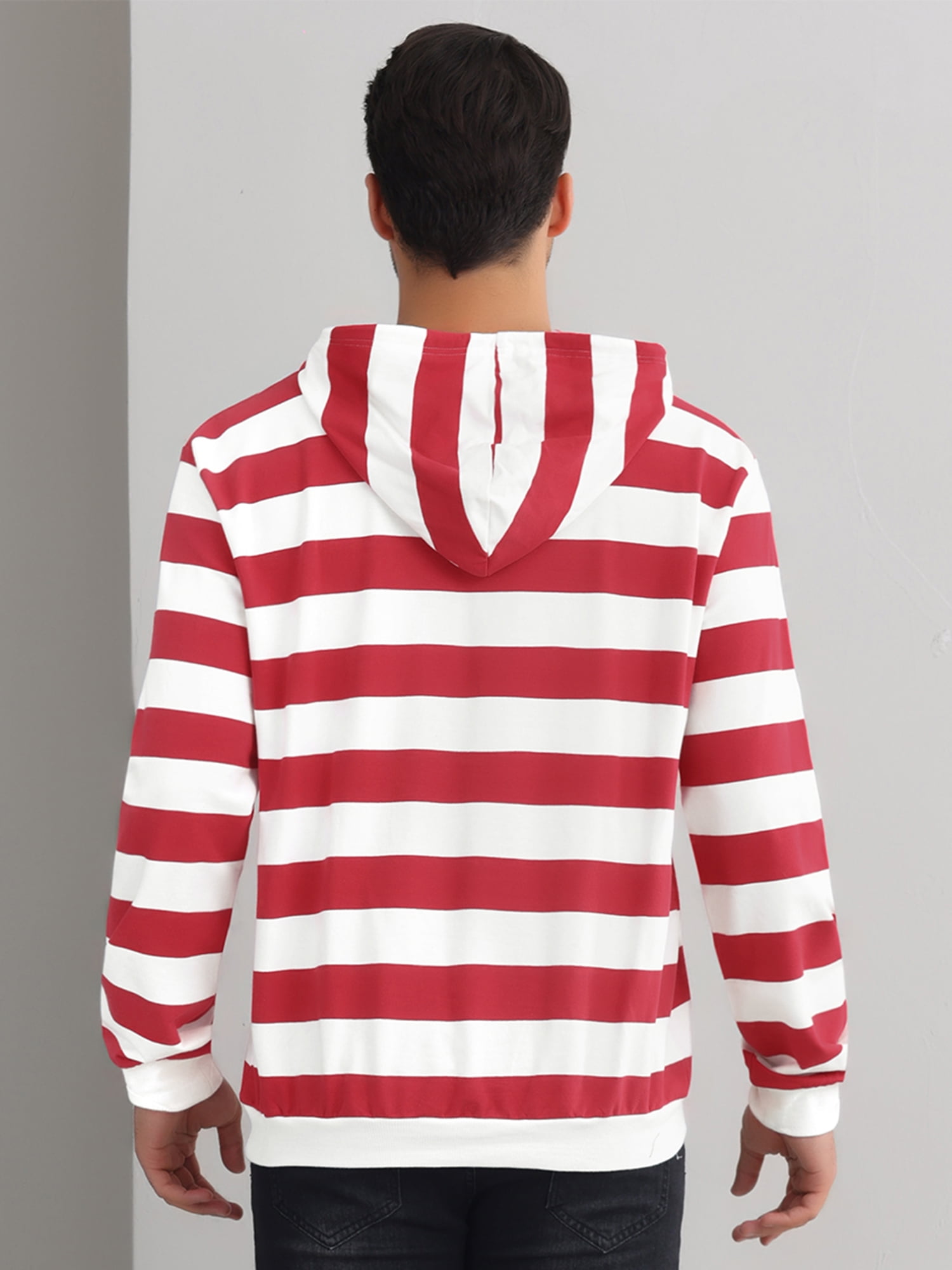 DARING DIVA Men's Striped Long Sleeves Drawstring Pullover Sweatshirts Hoodie M Red White