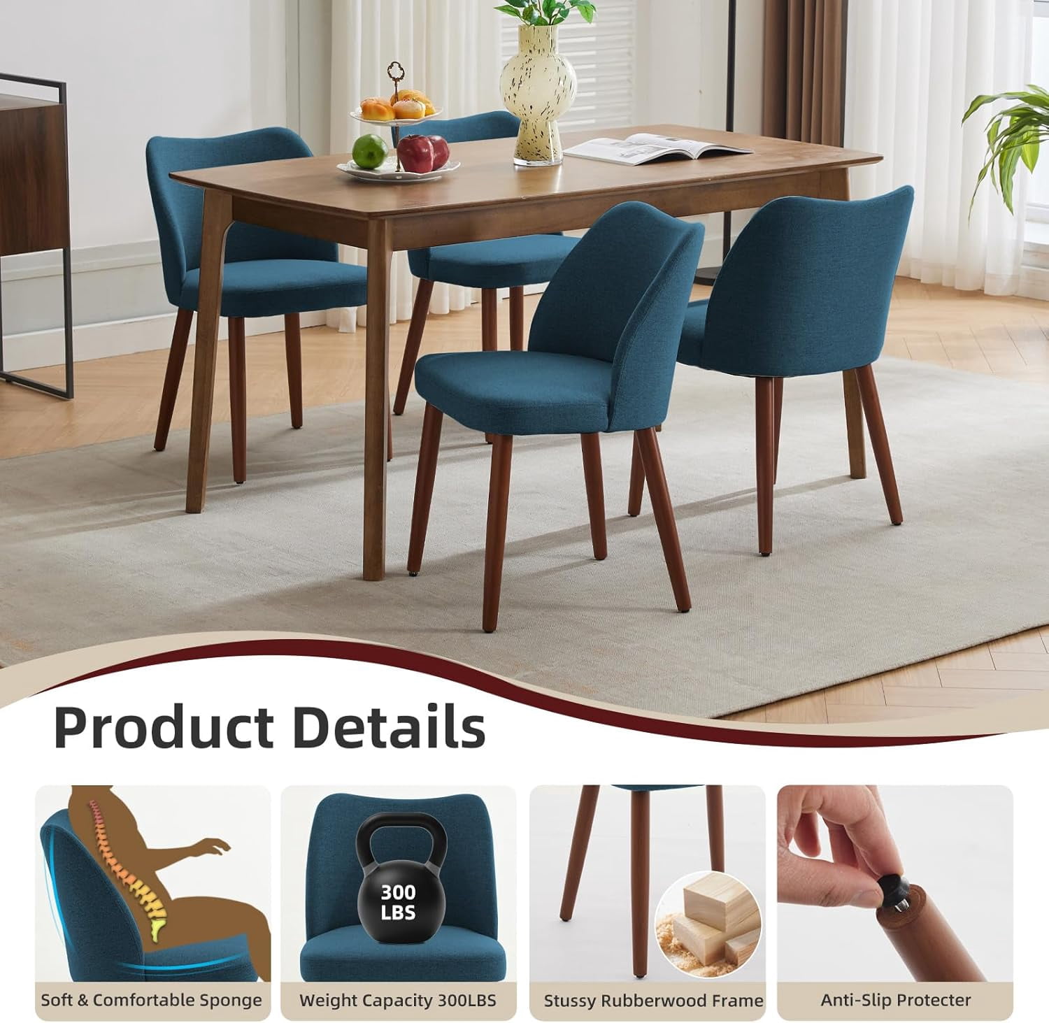 2-pcs Dining Chair,Leather Upholstered Dining Chair with Wood Legs, Wing Backrest, Wooden Kitchen Chair, Kitchen Chairs with Thick Cushions for Dining Room, Living Room