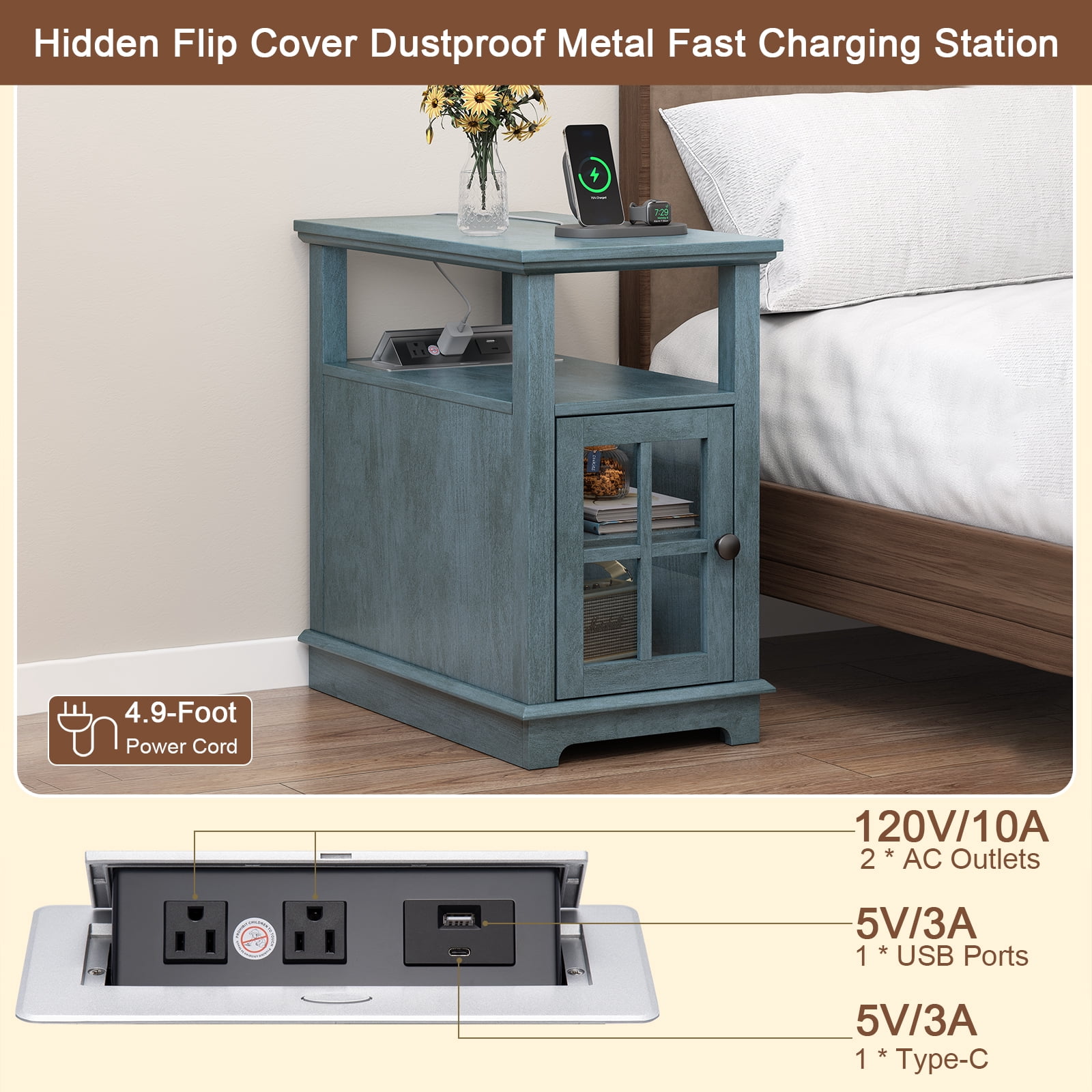FAGAGA End Tables with Charging Station for Living Room, Wooden Nightstand for Bedroom, Blue