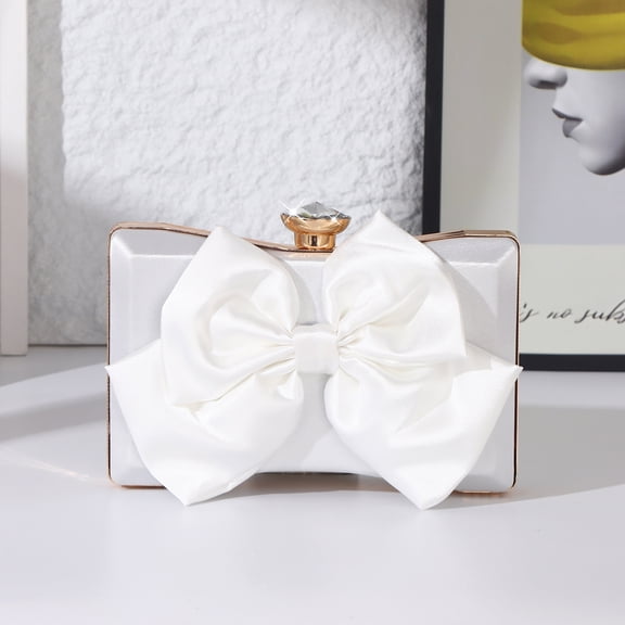 Jaucin Women's Bow Evening Bag White Clutch Wedding Party Ball Tote Bag Detachable Shoulder Strap