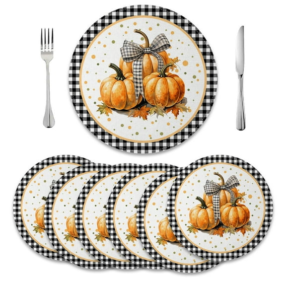 MIZHONA Fall Thanksgivings Round Placemats Set of 6 Autumn Pumpkins Table Mat 14 inch for Kitchen Dining Table Decoration