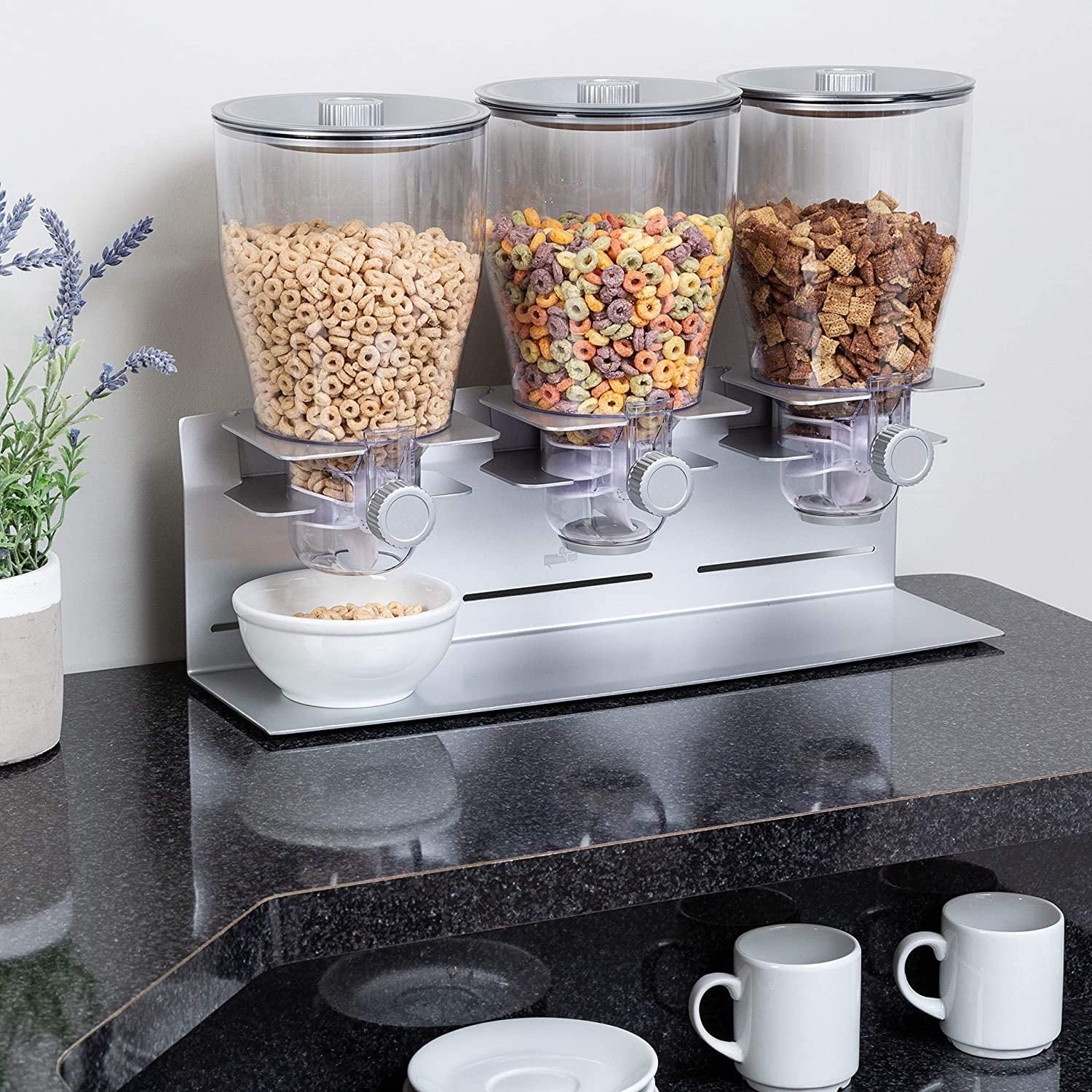 HoneyCanDo Triple Canister Dry Food Cereal Dispenser, Stainless Steel