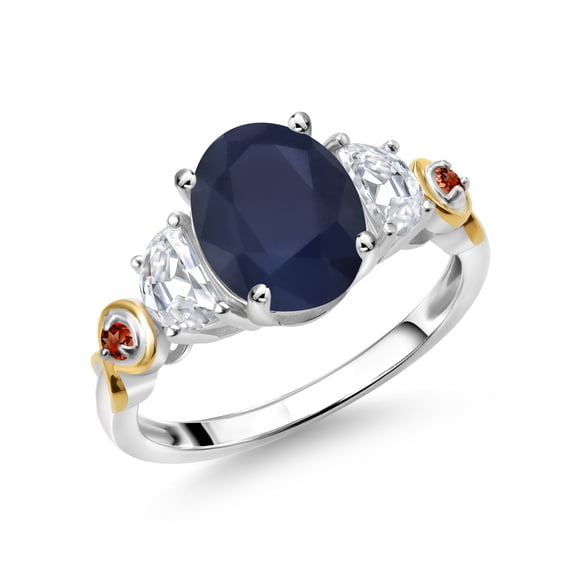 Gem Stone King 925 Silver and 10K Yellow Gold 3-Stone Ring Oval Blue Sapphire and Moissanite (2.73 Cttw, Size 9)
