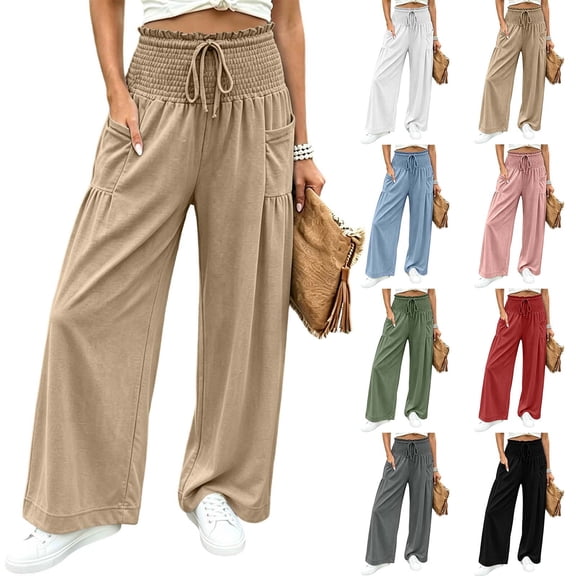 VBVC Women's Cotton Linen Smocked Waist Pants , Drawstring Wide Leg Boho Trousers For Women , Ladies' Casual Summer Beach Pants with Pockets, Army Green , S-2XL
