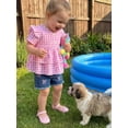 thumbnail image 5 of BemeyourBBs Toddler Baby Girl Summer Clothes Denim Outfits Plaid Short Sleeve Tunic Shirt Tops Strawberry Bowknot Floral Embroidery Jeans Shorts Set, 5 of 9