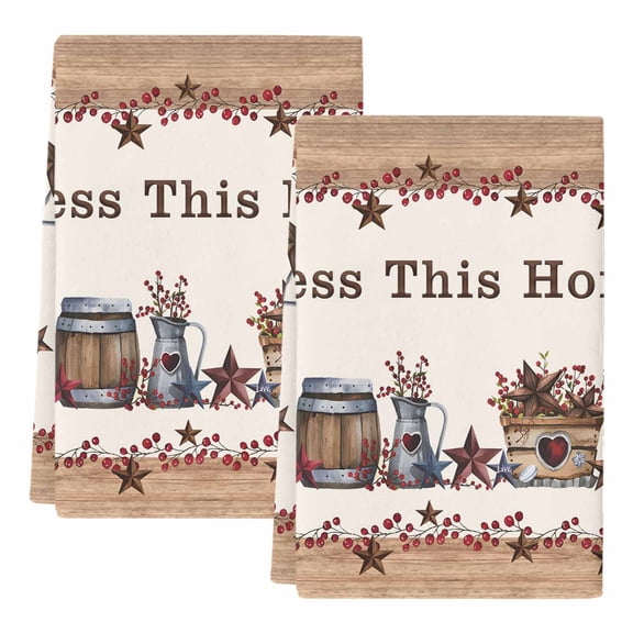 Dish Towels, Western Texas Star Wood Absorbent Kitchen Towels 2 PCS, Red Berry Farmhouse Barn Microfiber Hand Towels Dish Cloths Tea Towels for Home Bathroom Cleaning Drying,18X28-Inch,