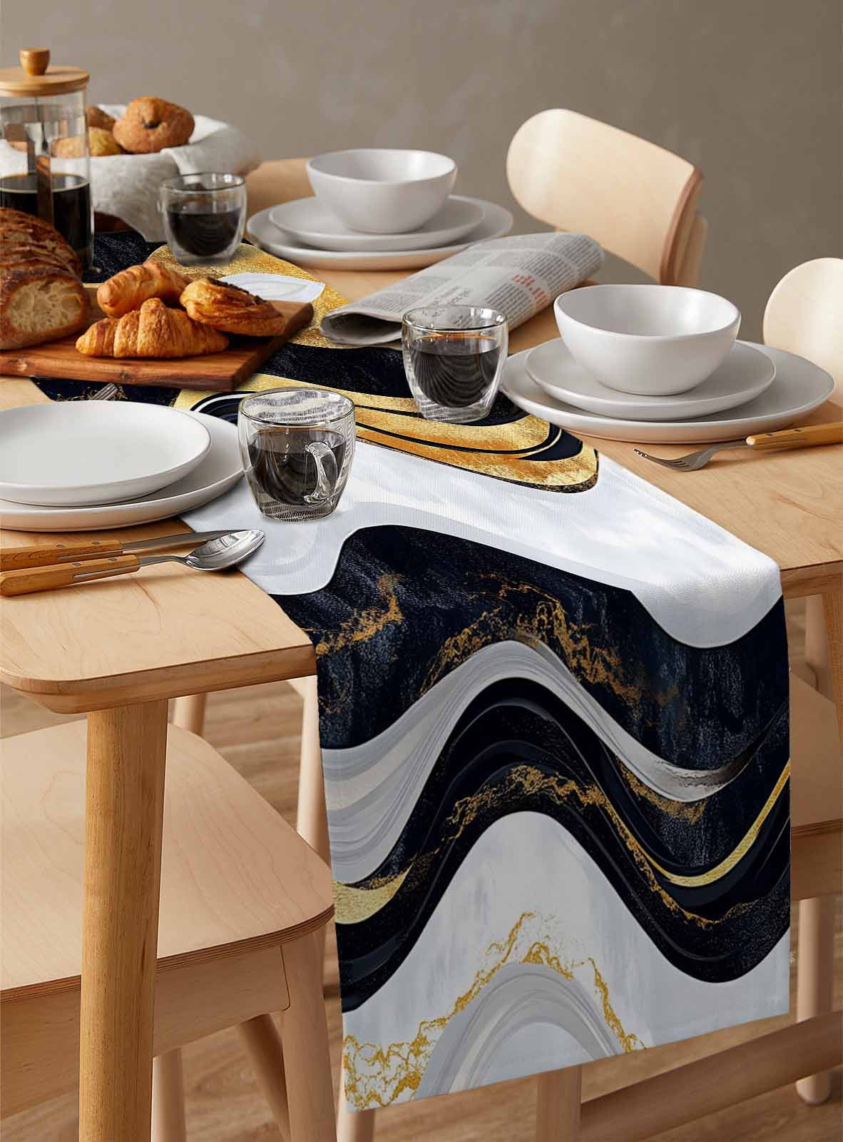 Table Runner Abstract Black White Gold Stripes Table Decoration for Kitchen Dinning Modern Table Decoration for Indoor Outdoor Party Wedding Decor 13x72inch