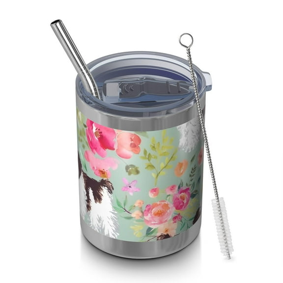 12oz Tumblers Shih Tzu Dog and Flower Floral Vacuum Insulated Stainless Steel Travel Tumbler Cups Mug with Lid and Straw for Beer,Coffee,Beverages with Cleaning Brush for Cold & Hot Drinks