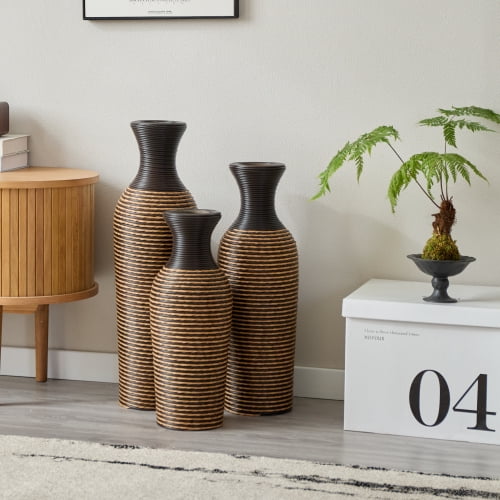 Hand-Woven PVC Rattan Vases, Set of 3 Decorative Floor Vases, 27.56in 23.62in 19.69in Tall Brown Striped Farmhouse Vases for Living Room & Office Decor