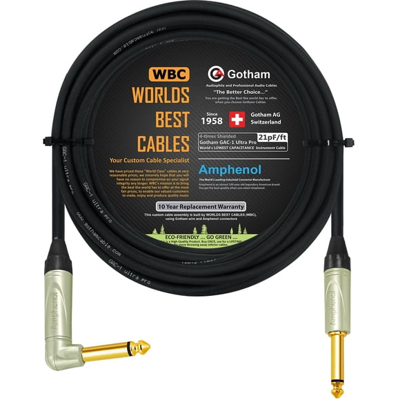 20 Foot - Gotham GAC-1 Ultra Pro (Black) - Premium, Low-Capacitance (21 pf/F) Guitar Bass Instrument Cable - Amphenol QM2R-AU & QM2P-AU ¼ I