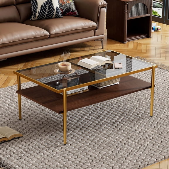 Modern Rectangle Coffee Table with Gray Tempered Glass Top & Metal Legs, 38" Glass Center Table with Lower MDF Shelf, for Living Room, Easy Assembly