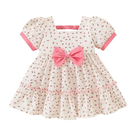 

HIBRO Toddler Girls Short Sleeve Bowknot Floral Prints Ruffles Princess Dress Dance Party Dresses Clothes Smocked Dresses for Toddler Girls Girls Twirling Dresses