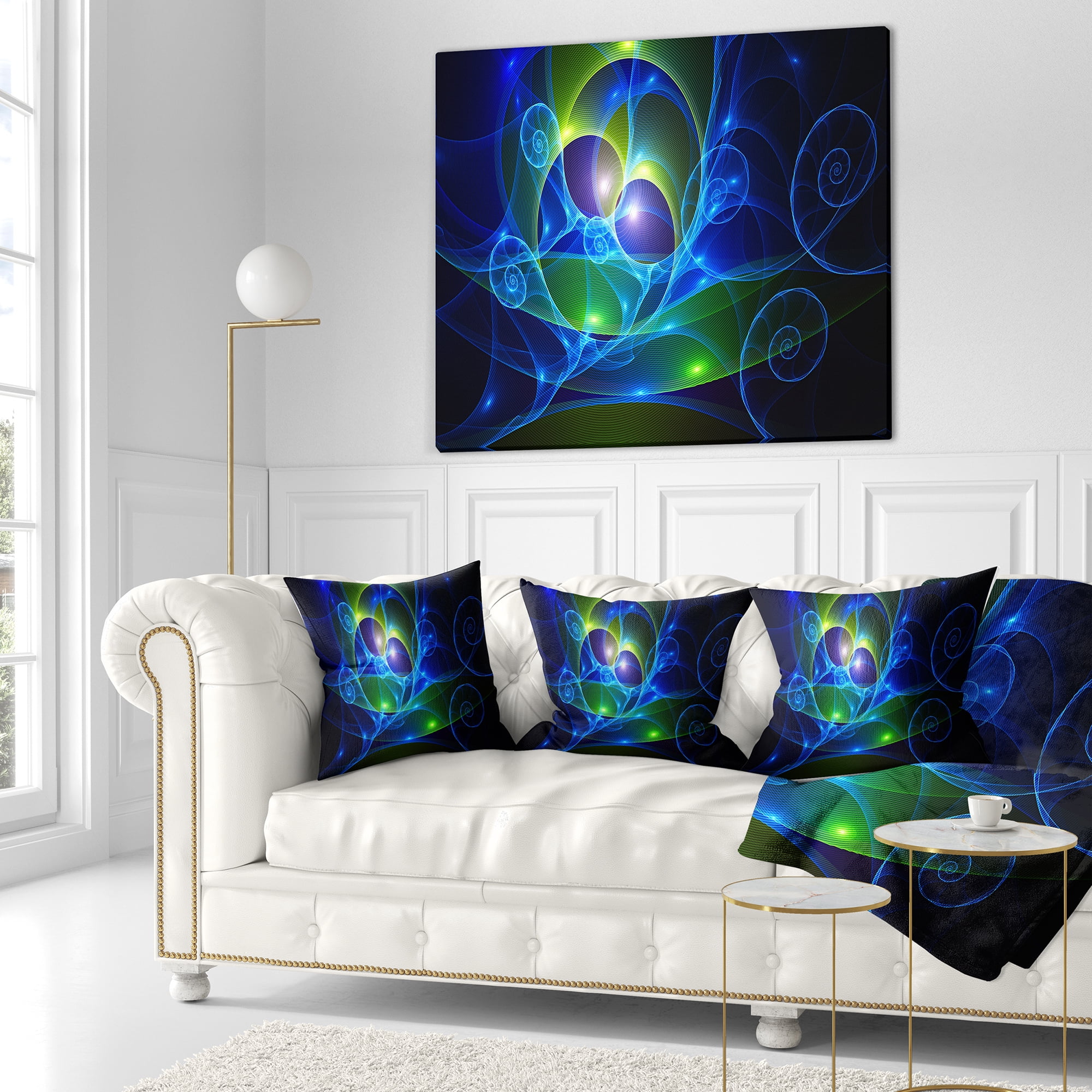 Designart Blue Curly Spiral on Black - Abstract Throw Pillow - 18x18