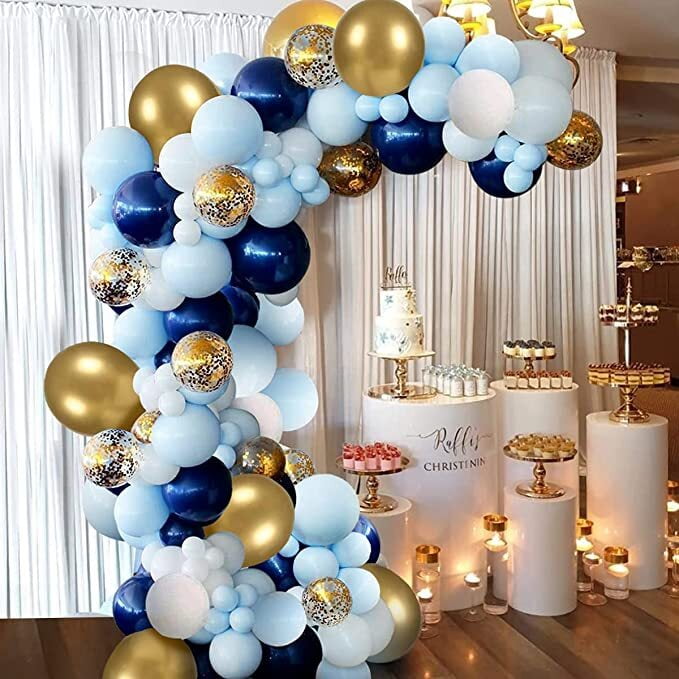 AOWEE Pastel Blue Balloon Arch Garland Kit, Blue Metallic White Gold Balloons Gold Confetti Balloon for Baby Shower Birthday Wedding