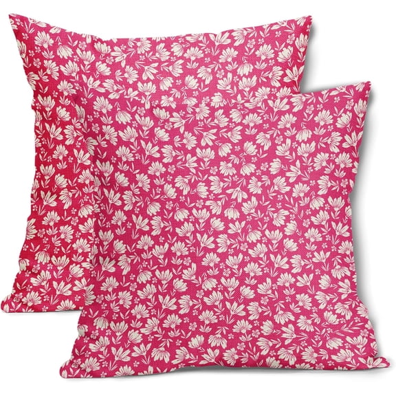 Hot Pink Beige Daisy Floral Pillow Covers 16X16 Inch Vintage Flowers Decorative Pillow Cases Set of 2 Preppy Block Print Cotton Linen Throw Pillows Farmhouse Decor For Couch Porch Cushion Outdoor
