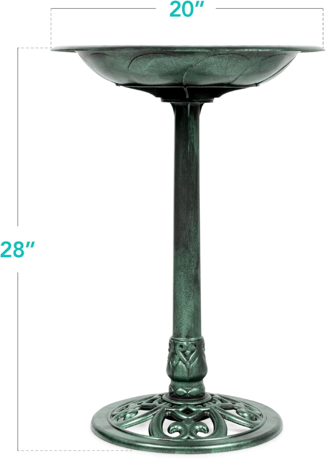 HJTER 28in Pedestal Bird Bath, Vintage Outdoor Resin Accent Decoration w/Fleur-de-Lis Accents - Mint Green