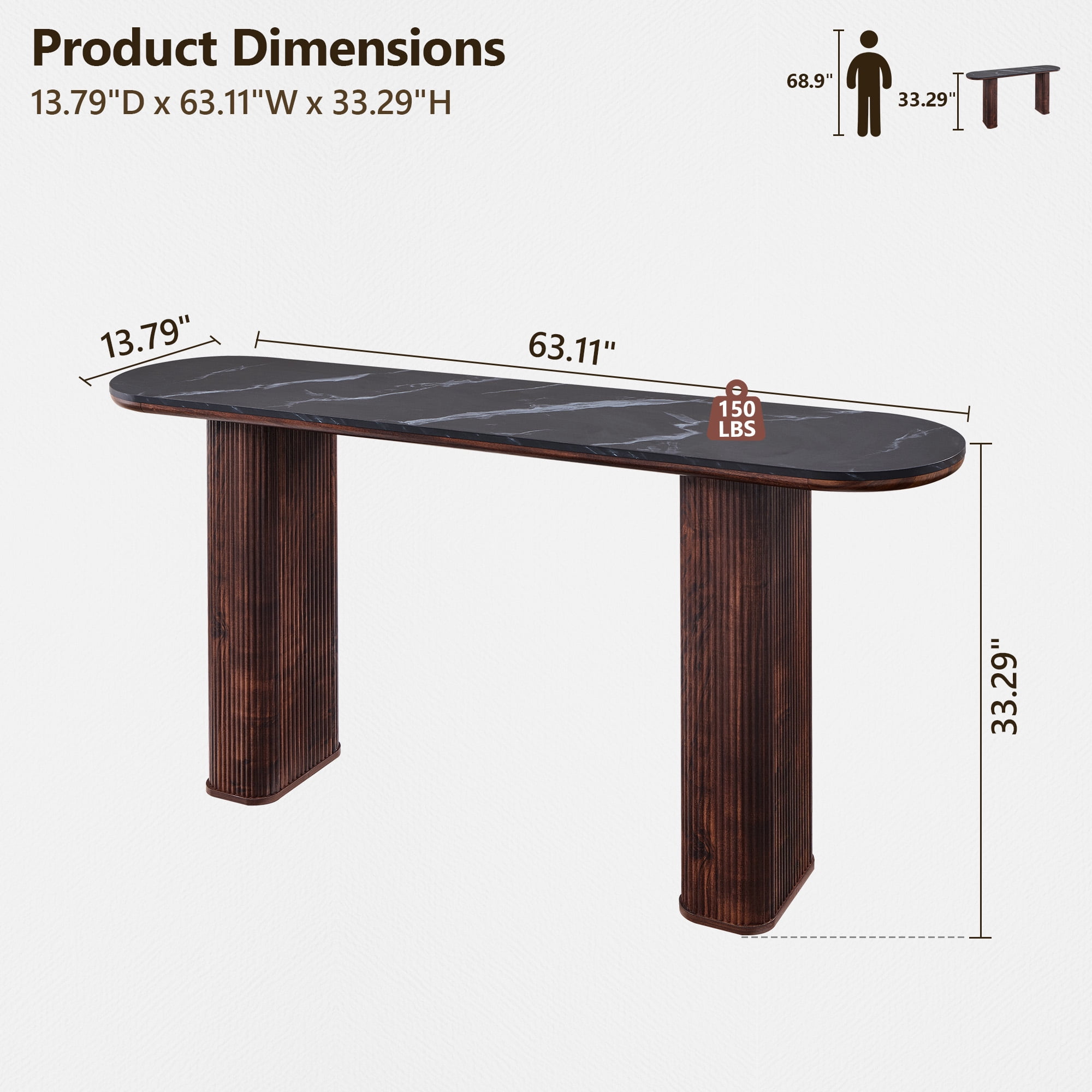 KeyWhat 63" Entryway Console Table with Fluted Wood Base, Modern Sofa Table Behind the Couch for Living Room, Hallway, Entrance, Foyer, Dark Walnut