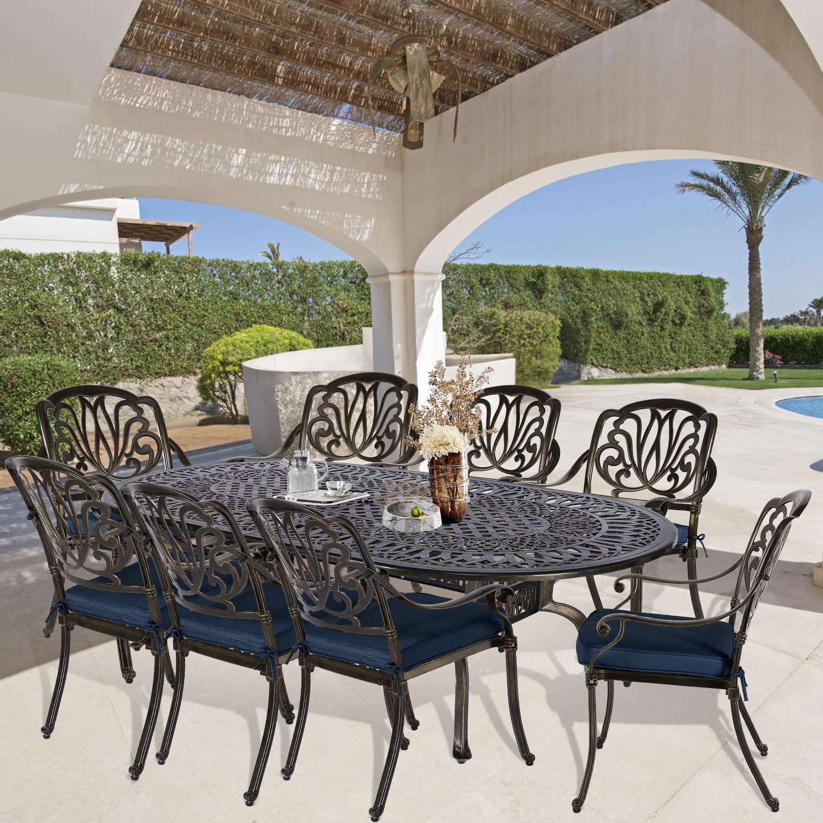 9-Piece Patio Cast Aluminum Dining Set, Outdoor Dining Furniture Set for 8 Person, Includes 84" Oval Table and 8 Cushioned Chairs with Umbrella Hole for Patio Deck Garden, Navy Blue