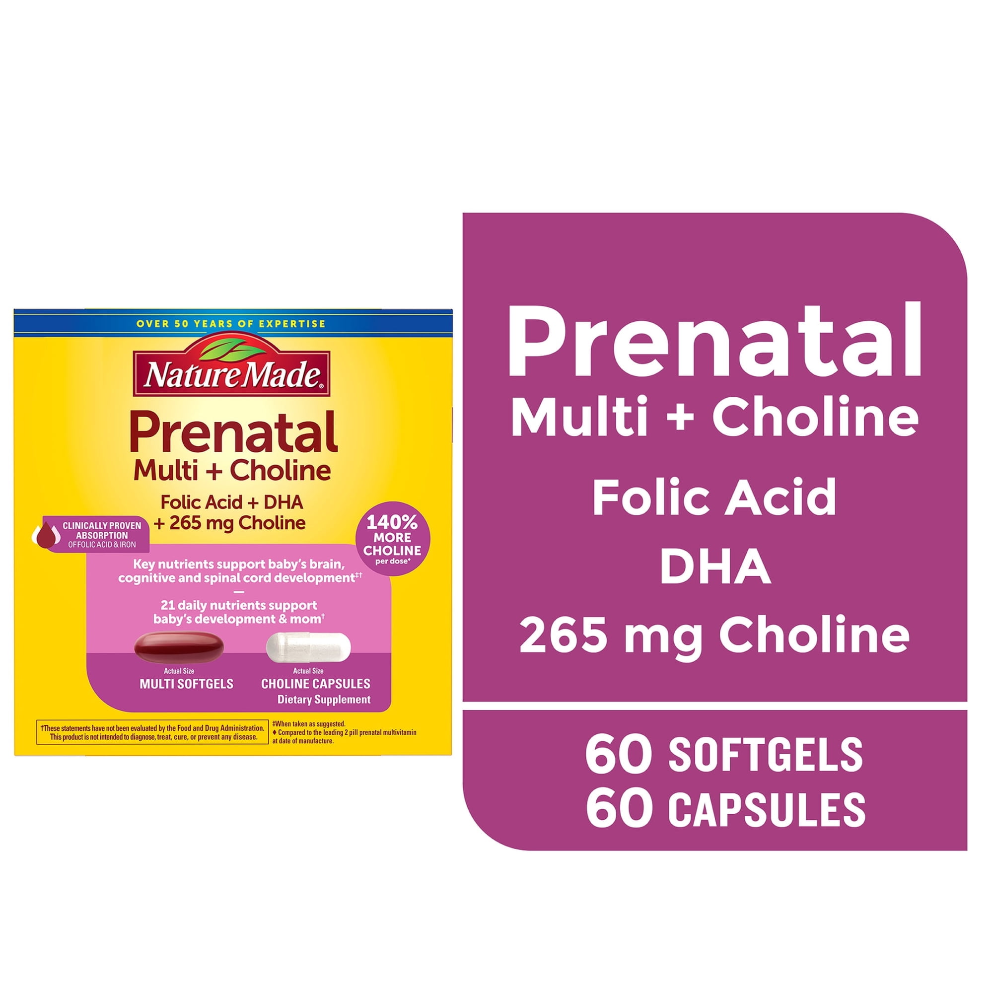 Nature Made Prenatal Vitamins Softgels + Choline Supplement Capsules, 60 Count