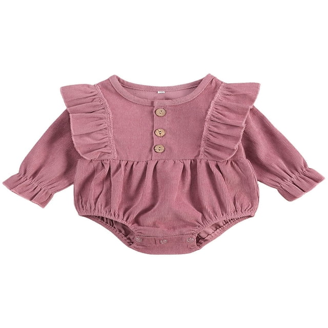 Newborn Baby Girl Boy Bodysuit Ruffle Long Sleeve Button Solid Autumn Jumpsuit Yellow 12-18 Months