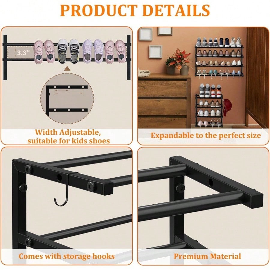 2 Pack Wall Mounted Shoe Rack 4 Tier Hanging Shoe Rack Holds 32 Pairs 17-30Adjustable Heavy Duty Wall Shoe Shelf with 4 Storage Hooks Space Saving for Closet Entryway Black Patent Pending