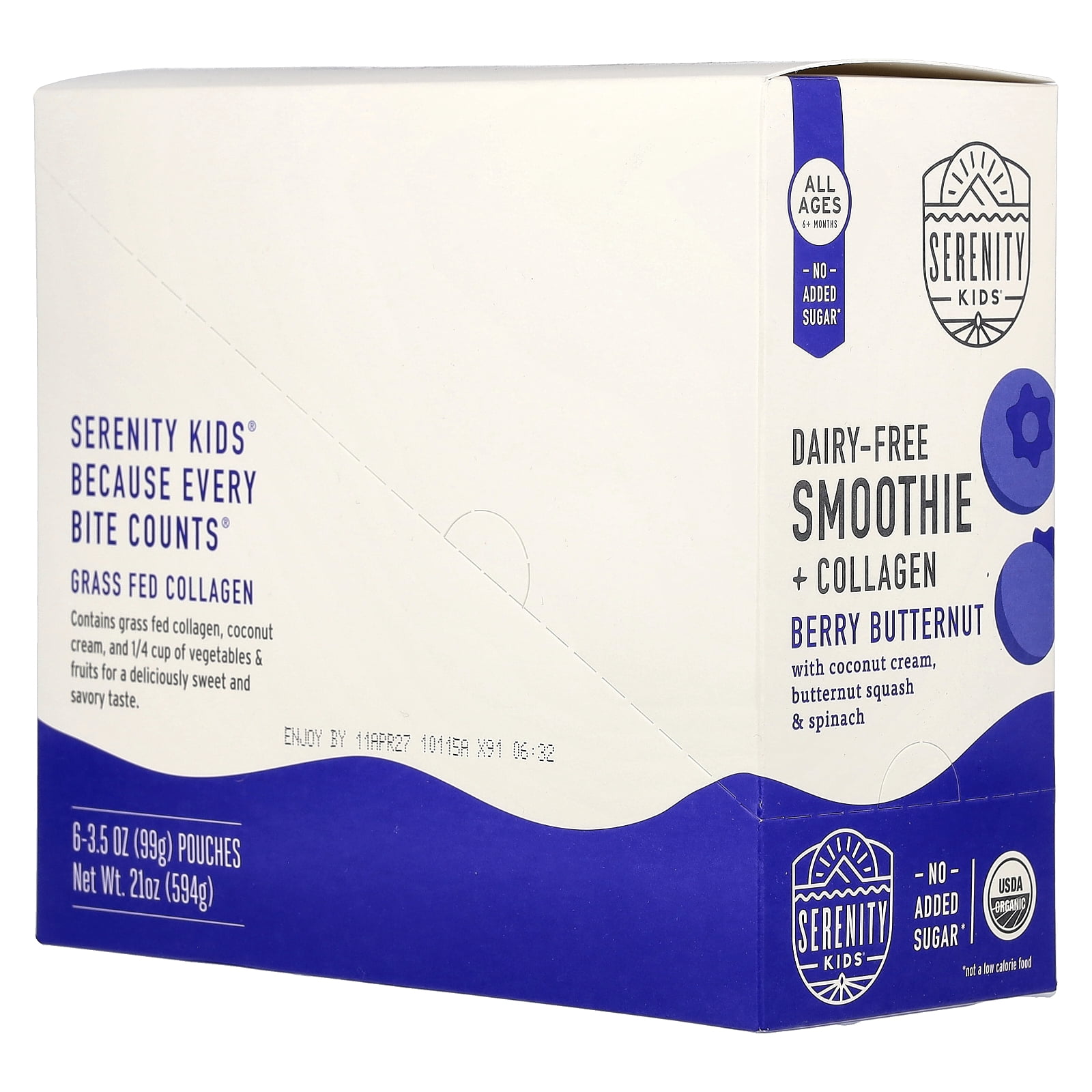 Serenity Kids Dairy-Free Smoothie + Collagen, All Ages 6+ Months, Berry Butternut, 6 Pouches, 3.5 oz (99 g) Each
