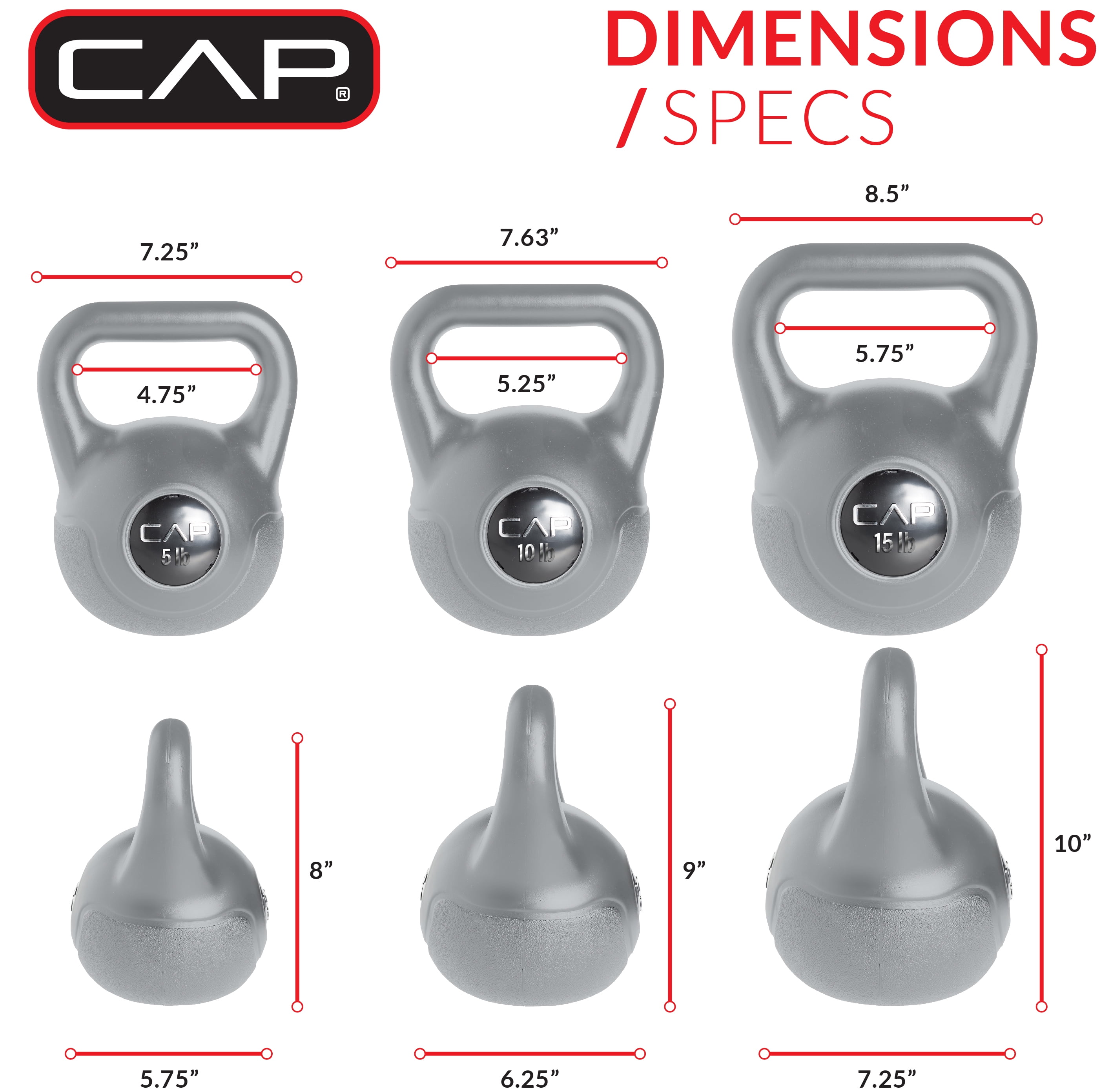 CAP Barbell 30lb Vinyl Kettlebell Set (5, 10, 15 lbs), Gray