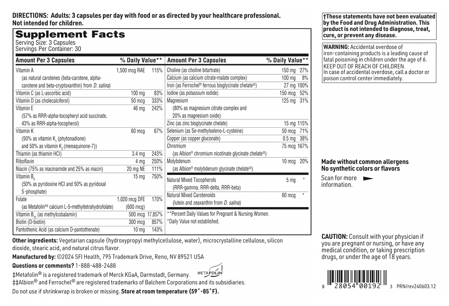 Klaire Labs SFI Health Prenatal & Nursing Multivitamin - Postnatal & Prenatal Vitamins for Women with Iron - Complete Nutritional Support During Preconception, Pregnancy & Breastfeeding (90 Capsules)