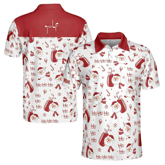 Funny Santa Golf Red White Shirt Custom Your Name, Christmas Gifts For Golfers 3D Polo Shirt Size S-5XL