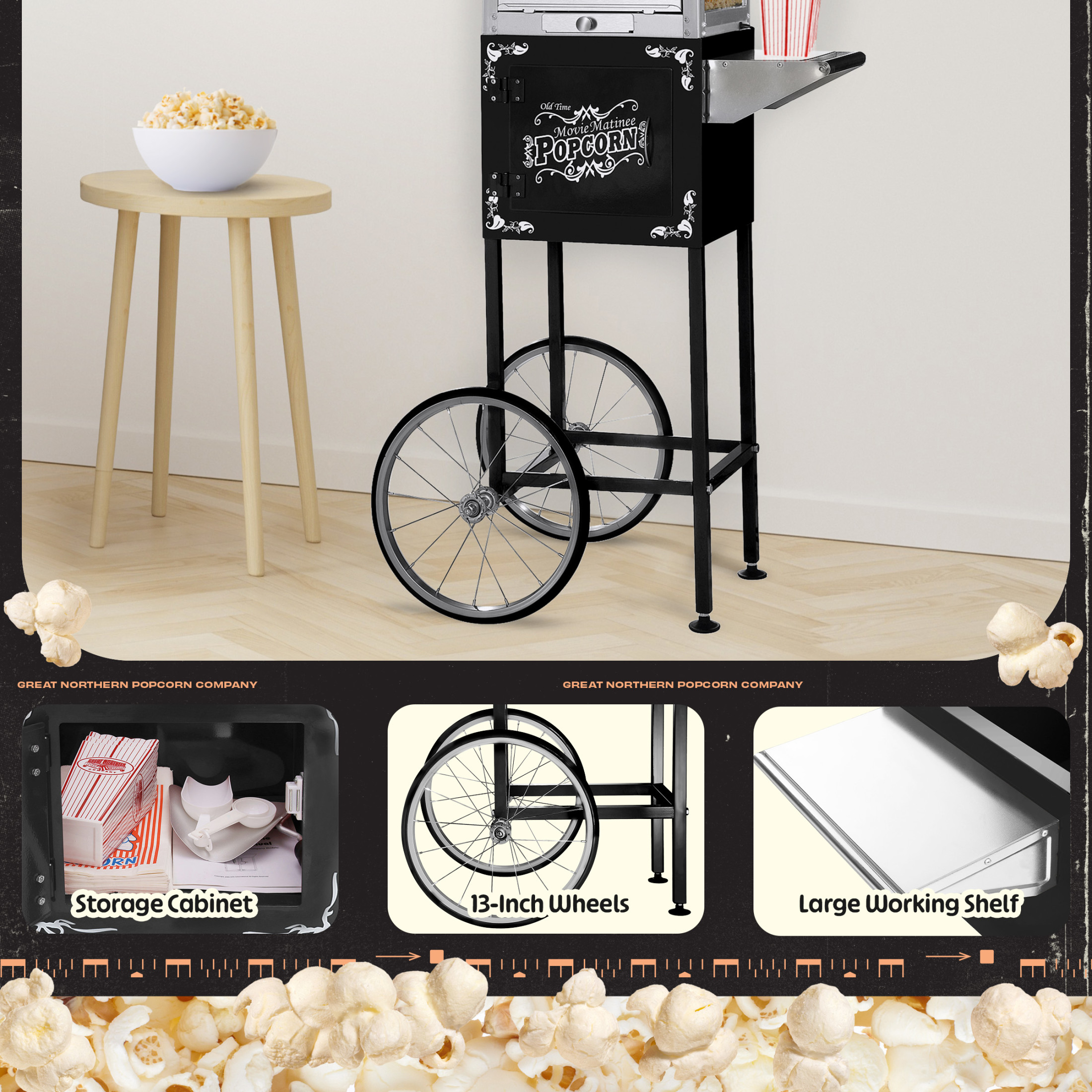 Great Northern Popcorn Black Popcorn Cart Only - Replacement Stand for 8oz Matinee with Bicycle-Style Wheels