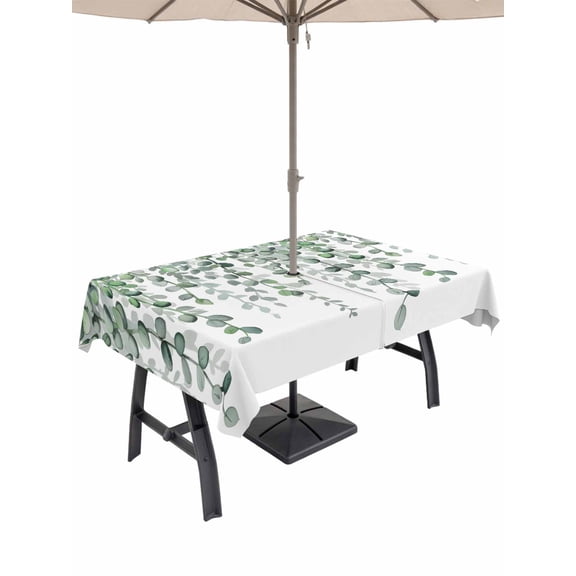 Outdoor Tablecloth with Umbrella Hole for Patio/Picnic/Party/Camping, Green Eucalyptus Leaves Waterproof Table Cloth Rectangle Table Cover Washable, Summer Botanical Weeping Watercolor (52"x 70")
