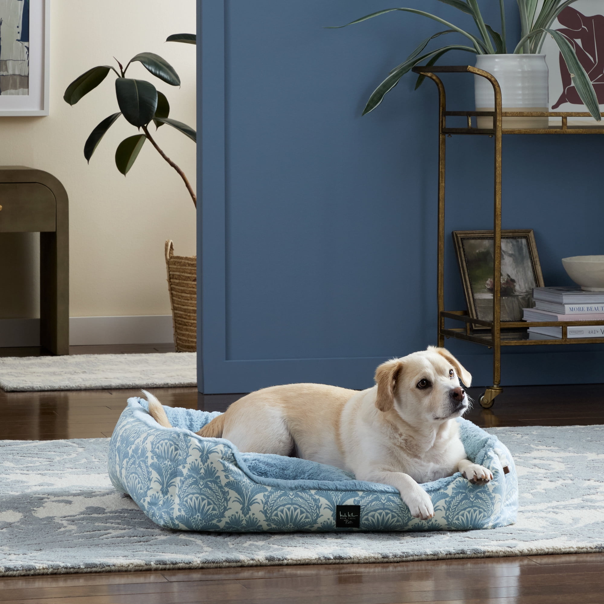 NICOLE MILLER NEW YORK PET Mod Damask Plushy Bolster Pet Bed, Cozy & Calming, Water Repellent, Non-Slip Bottom, 100% Machine Washable, Taupe, Medium 30"x23"x8"