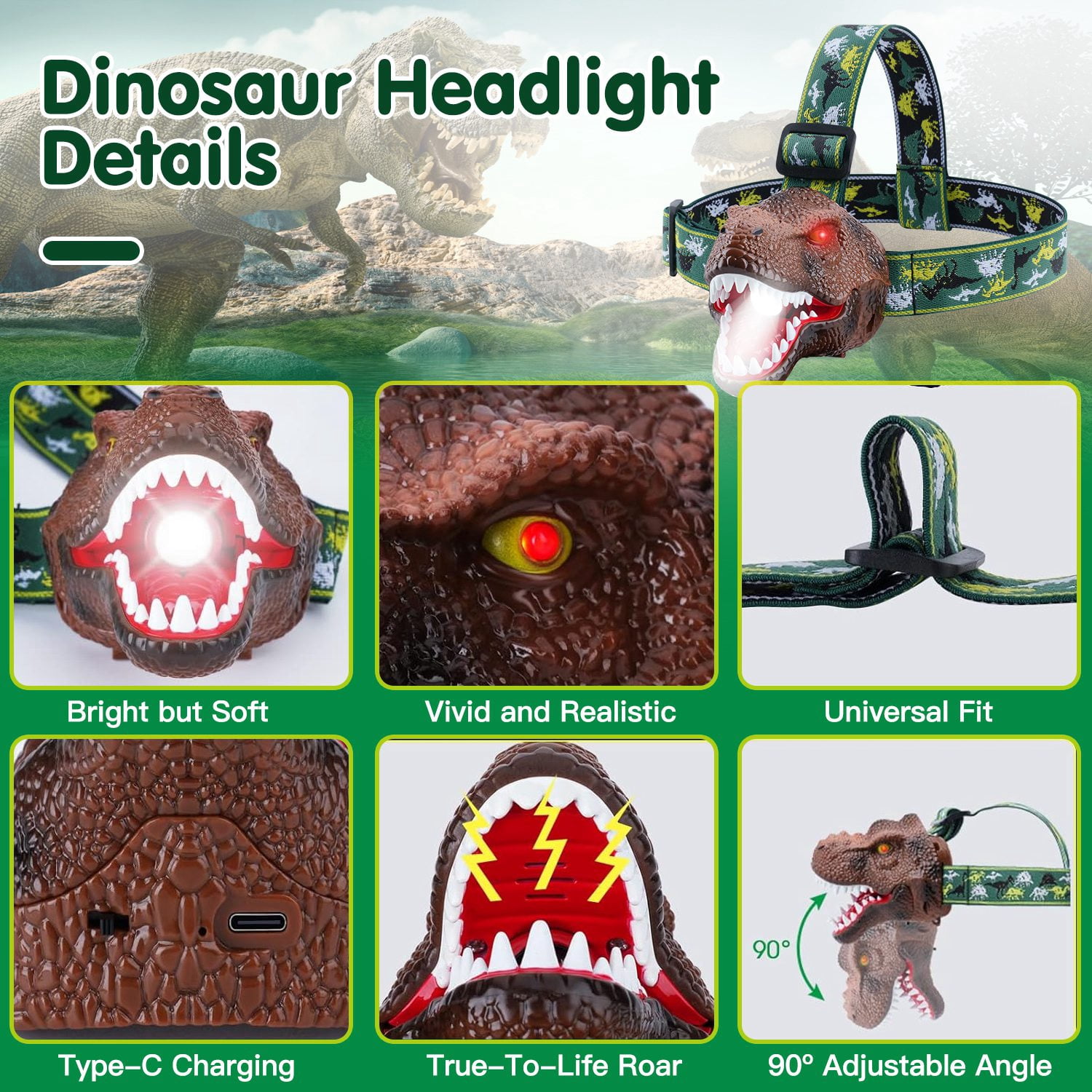 (Weiyi-EC)-- 1Pc Dinosaur Headlamp Kids Headlight Dinosaur Flashlight With Realistic Roar Sound 4 Modes Adjustable Headband Kid Camping Gear Unique Gifts For Boys **--（6lp;jg ）