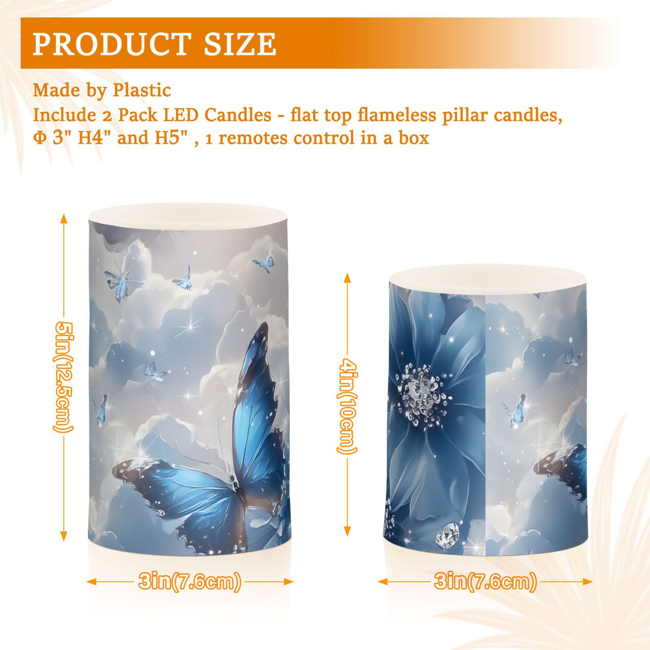 Blue Butterflies Flowers Clouds Flickering Flameless Candles LED Tealight Battery Operated with Remote Set of 2 Holiday Decor Ornaments