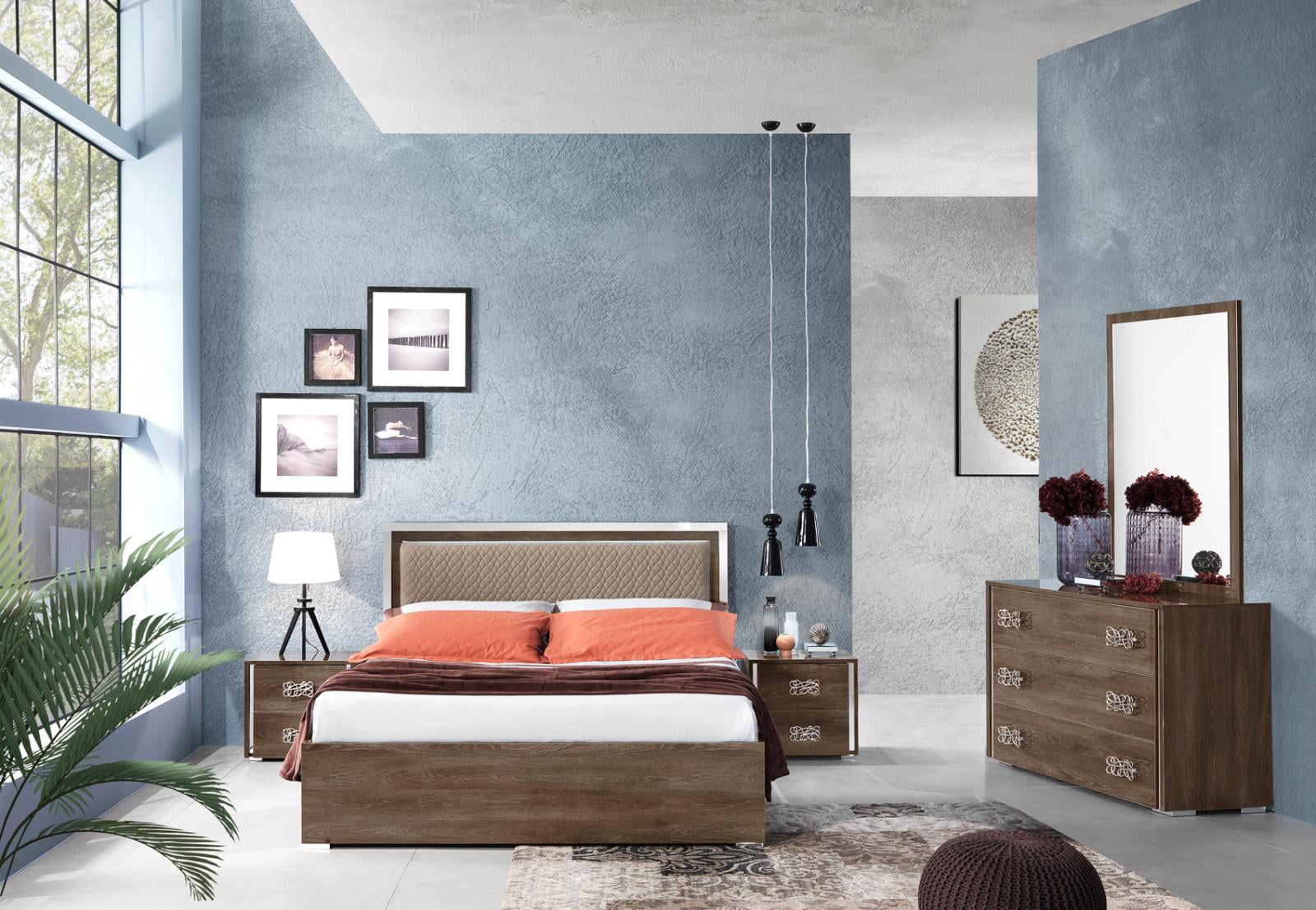 Glossy Brown Finish Queen Size Bedroom Set 5Pcs Modern ...