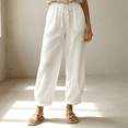 thumbnail image 2 of Morttic Women's Solid Color Crinkle Jogger Pants – Elastic Drawstring High Waist Pockets Cropped Cuff Casual Vacation Trousers White，S, 2 of 6