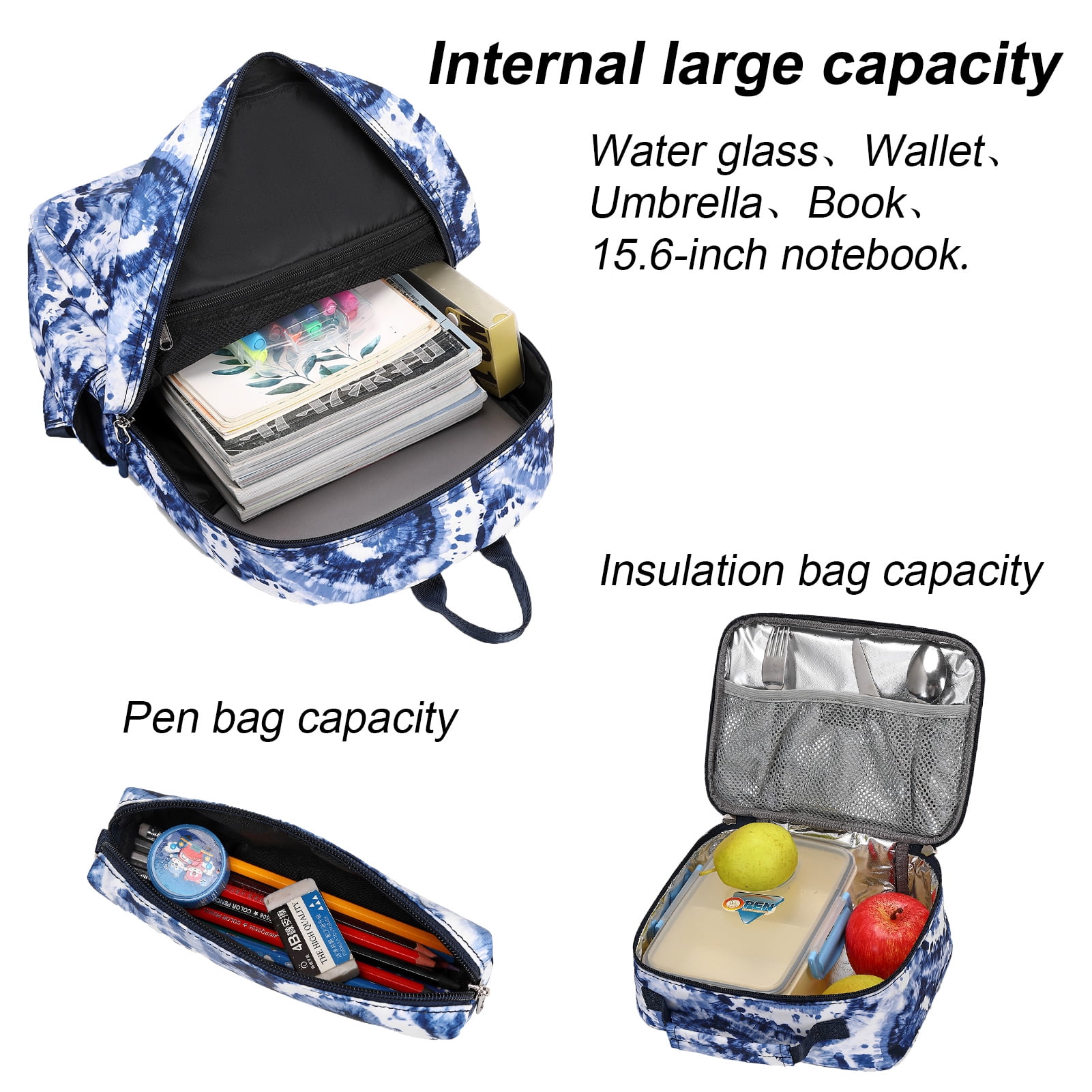 Forestfish Tie Dye Teen Backpacks , 3-Piece Set with Lunch Bag and Pen Bag, Water-Resistant Blue