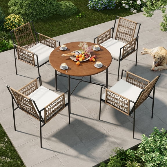 LAUSAINT HOME 5 Piece Outdoor Patio Dining Set, Steel Frame Furniture Set with 4 Wicker Armchairs & 1 Dining Table with Umbrella Hole for Backyard, Deck, Porch, Garden, Poolside, Beige Cushions