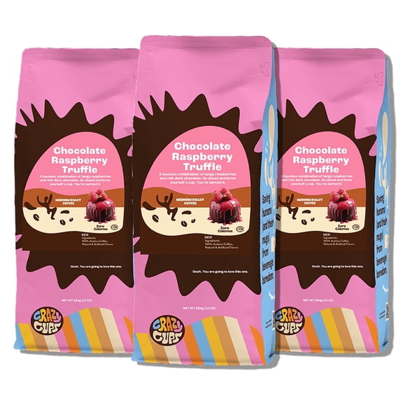Crazy Cups Flavored Ground Coffee, Chocolate Raspberry Truffle Coffee in 10 oz Bag, For Brewing Flavored Hot or Iced Coffee, 3 pack