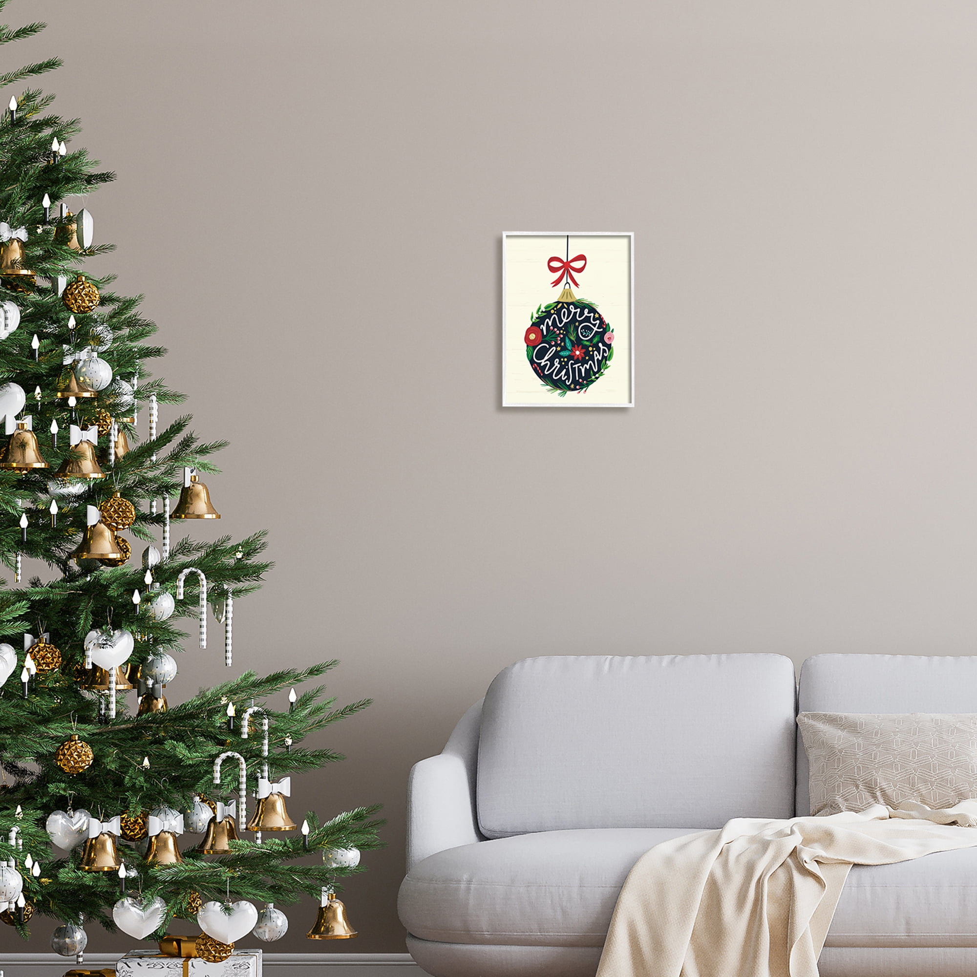 Stupell Industries Merry Christmas Hanging Botanical Ornament Red Bow Graphic Art White Framed Art Print Wall Art, Design by Louise Allen