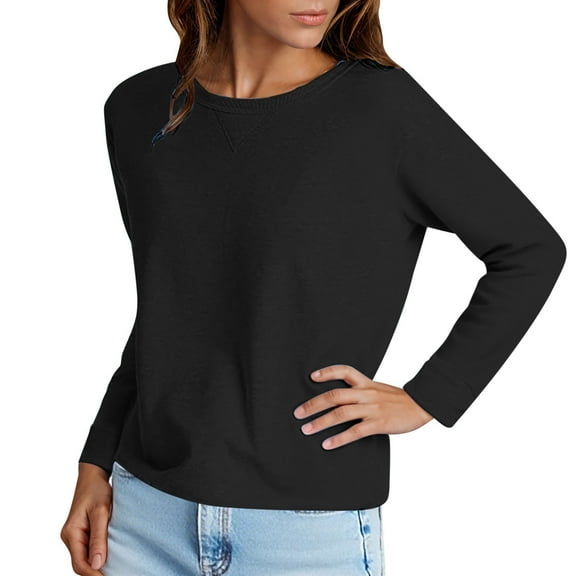 Htigea Womens Crewneck Sweatshirts Casual Long Sleeve Pullover Loose Tunic Tops Solid Color Fall Base Layer Shirts Black S