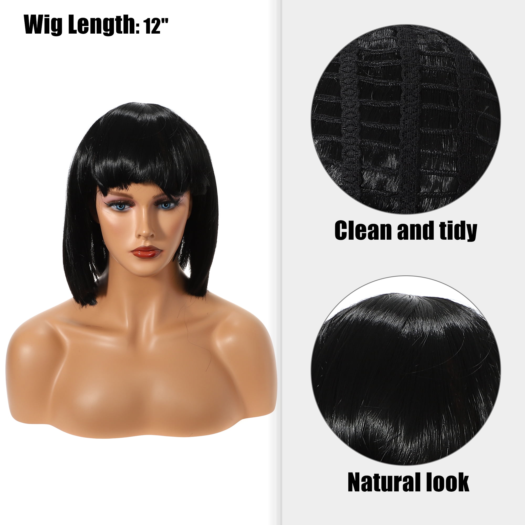 Unique Bargains Human Hair Wigs for Women 12" Black Bob Wig with Wig Cap