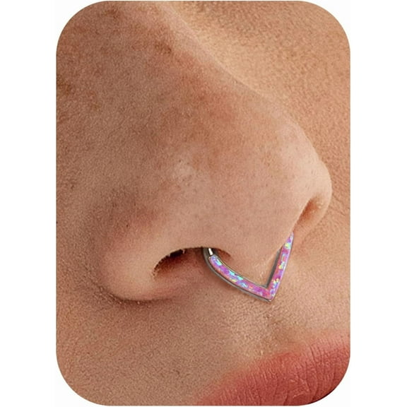 16G Opal Teardrop Septum Rings - G23 Titanium Hinged Nose Rings Hoops Septum Clicker Jewelry Conch Daith Helix Piercing Cartilage Earring for Women Men Pink/Blue/White Opal 8mm 10mm