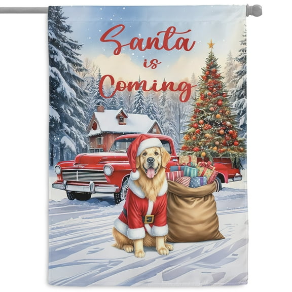 Santa is Coming Golden Retriever Merry Christmas Xmas Noel Truck Tree House Flag 28x40in Double Sided Goldens Dog Lover Gifts Idea Outdoor Decor - 02023