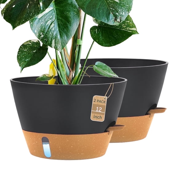 FIASON 2 Pack Plastic 12 Inch Black Grey with Brown Self Watering Plant Pots for Indoor Outdoor, Large Flower Pots Include Drainage Holes & Saucer