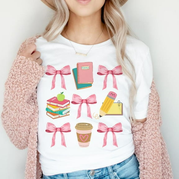 This is a teacher's T-shirt. The book, coffee, pen and bow T-shirt is 100% pure cotton and suitable for students to wear