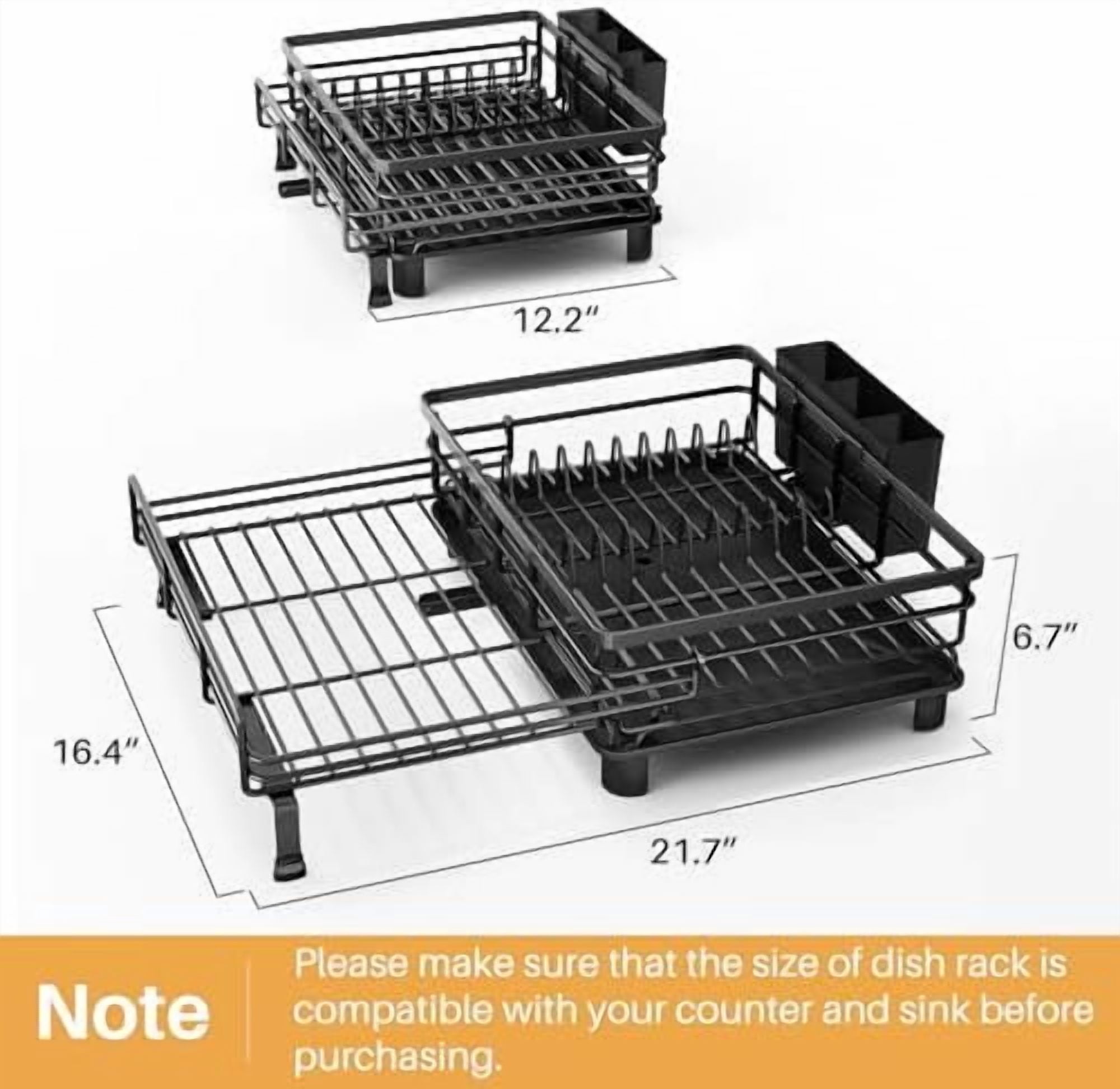 Dish Drying Rack - Extendable Dish Rack, Large Sink Drying Dish Drainer for Kitchen Counter, Stainless Steel Dish Strainer with Utensil Holder (Black)
