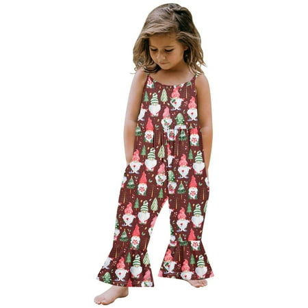 

Baby Girls Bodysuits Outfit Christmas Sleeveless Cartoon Prints Romper Bell Bottoms Flare Jumpsuit Clothes For 4-5 Years