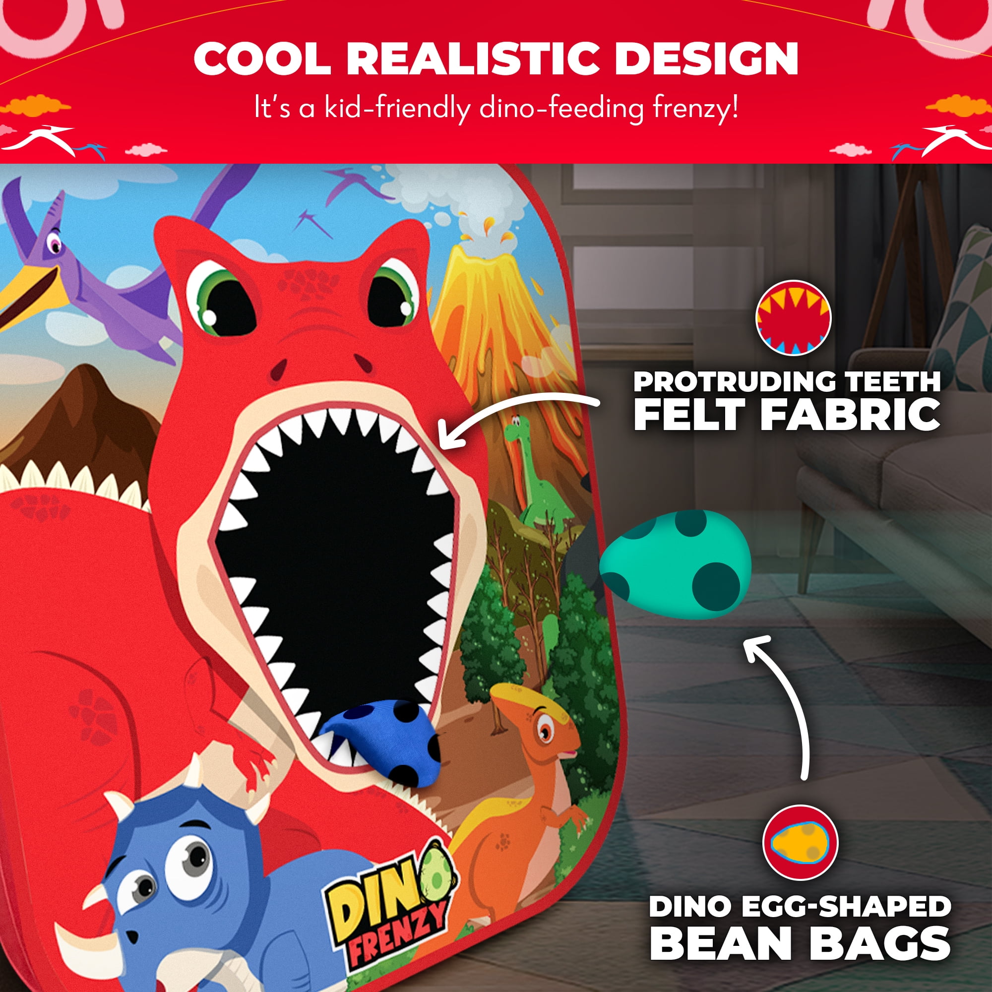Swooc Games® - Dino Frenzy™ | 2-in-1 Corn Hole Games for Kids | 5-Second Setup | Dinosaur Bean Bag Toss Game for Kids | Kid Cornhole Game Set | Toddler Party Activity | Outside Bean Bags Kid Tossing