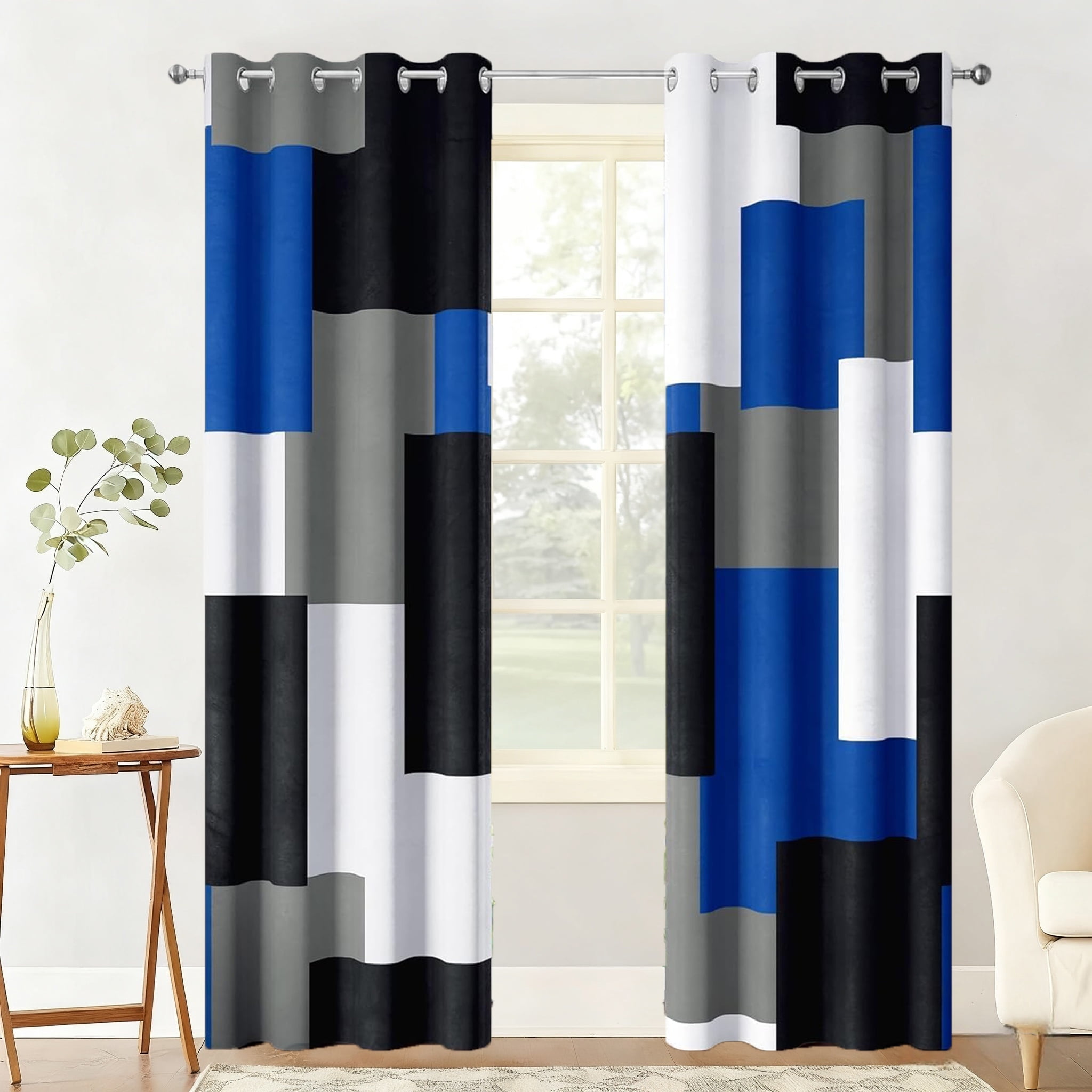 NIUBIER Blackout Curtains for Bedroom,Blue and White Black Out Curtains for Living Room Modern Geometric Abstract Room Curtains, 52" x 84"